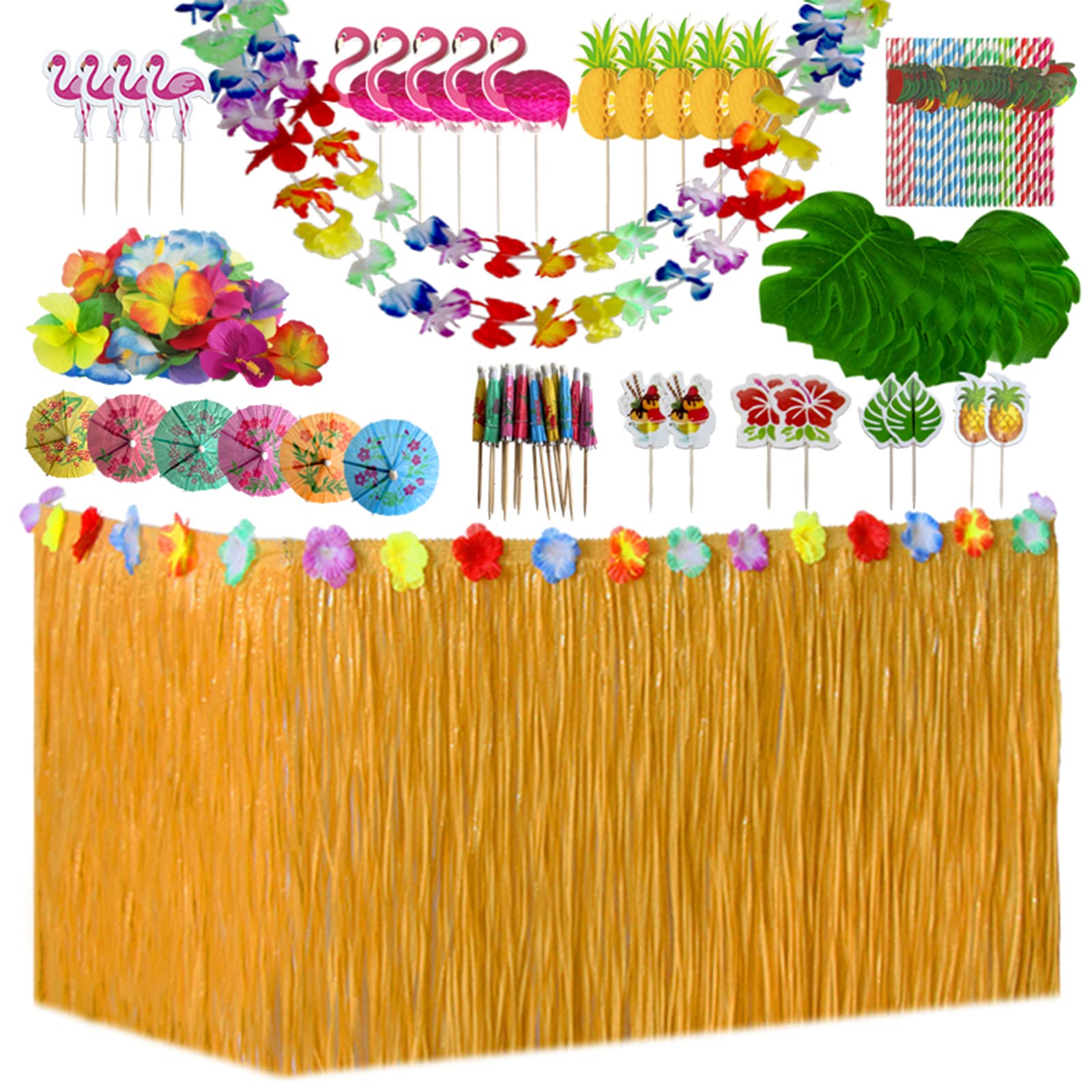 156pcs Hawaiian Tropical Party Decoration Set,Hawaiian Grass Table Skirt Hawaii Garland Palm Leaves Colored Umbrellas 3D Fruit Straws Suitable for Jungle Garden Beach Summer Party (Straw color)