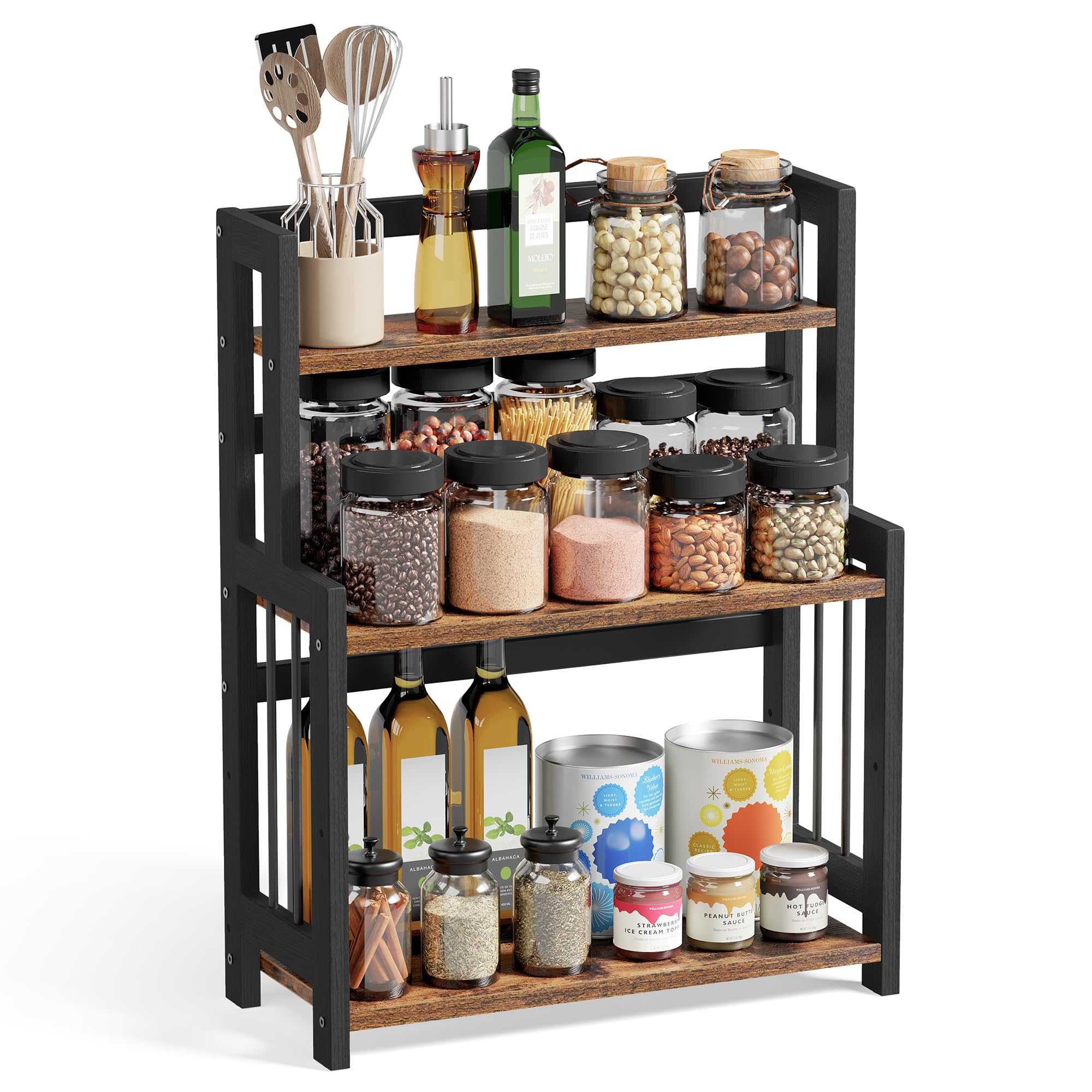 SONGMICS Spice Rack, 3 Tier Storage Rack, Desktop Organizer, Bamboo Frame, for Kitchen, Dining Room, Office, Rustic Brown and Black OFS047B01