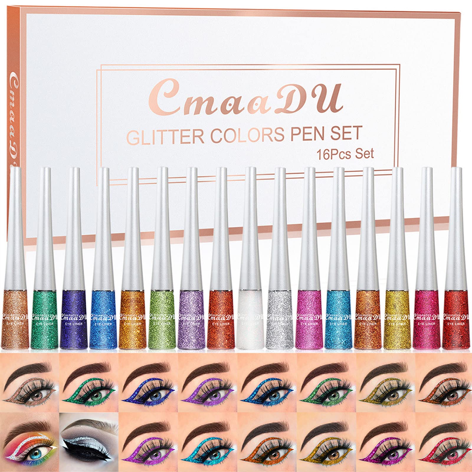 RoseFlower 16 Color Liquid Glitter Eyeliner Set, Metallic Diamond Shimmer Eye Liner, Waterproof Long Lasting Glow Eyeliner, Colorful Eye Shadow Set