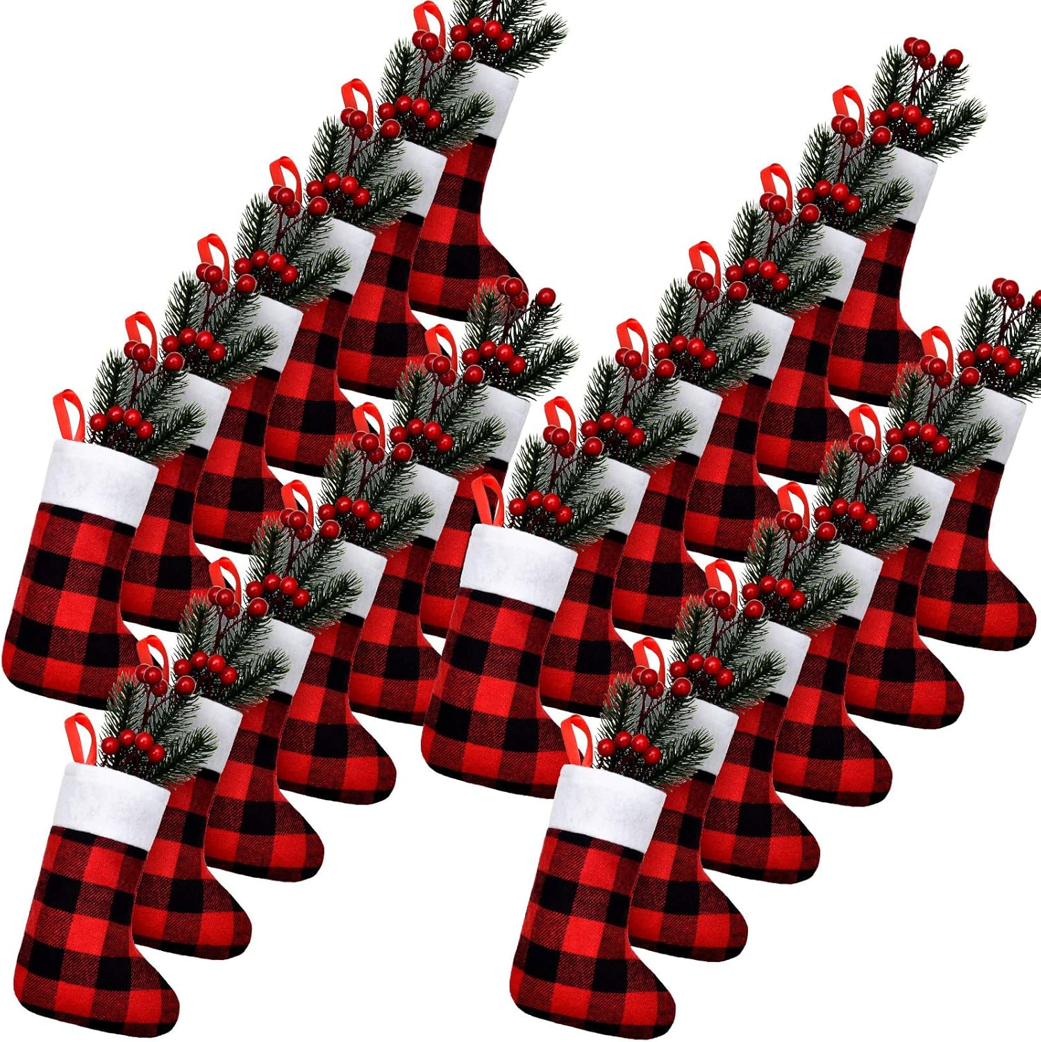 Stockings & Holders - Skylety 24 Pcs Christmas Stockings Bulk Christmas Classic Buffalo Plaid Stocking with Plush Cuff for Family Christmas Holiday Party Decor (Red Black,)