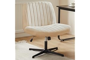 DUMOS Criss Cross Chair No Wheels Wide Cross Legged Office Desk Vanity Chair Comfy Fabric Armless Adjustable Swivel for Home Computer Task (Beige)