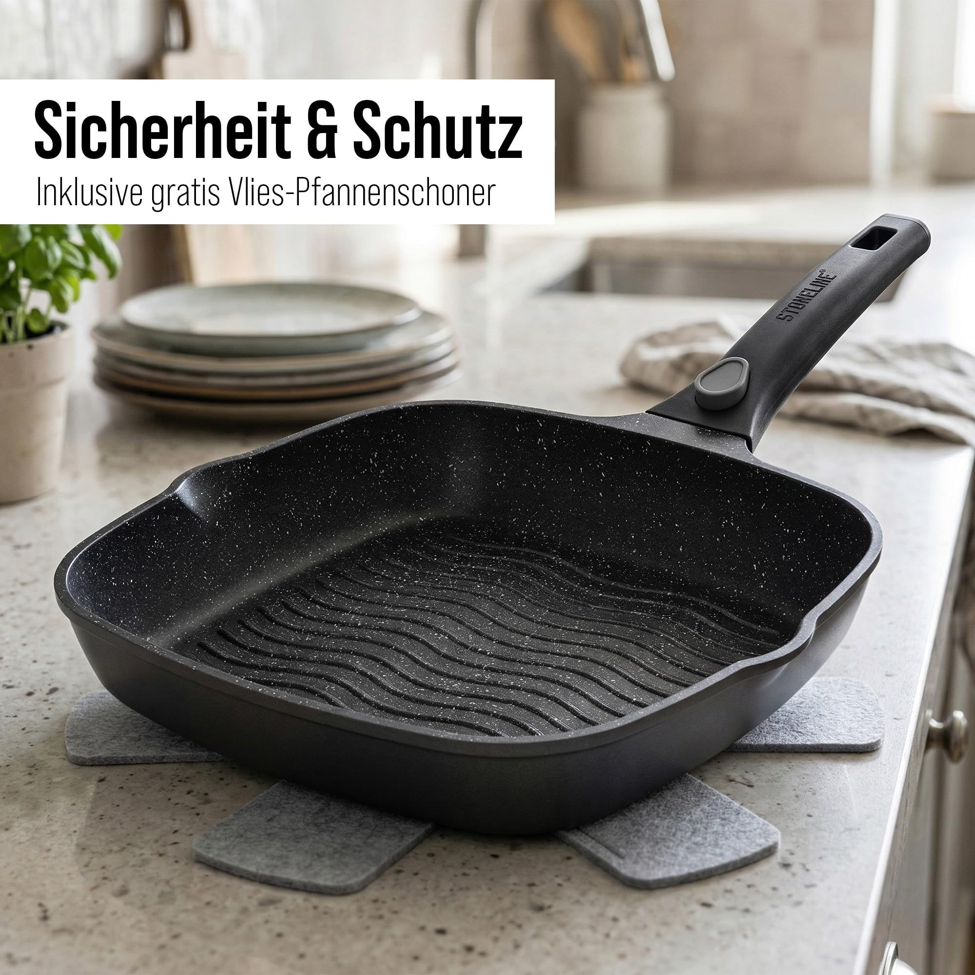 STONELINE SMART Grillpfanne 28 cm ☆ REDESIGN 25/26 ☆ Große Steak Pfanne Aluguss, Abnehmbarem Griff, Pfanne Induktion, Alle Herdarten, Antihaftbeschichtet mit echten Steinpartikeln, Grau 8