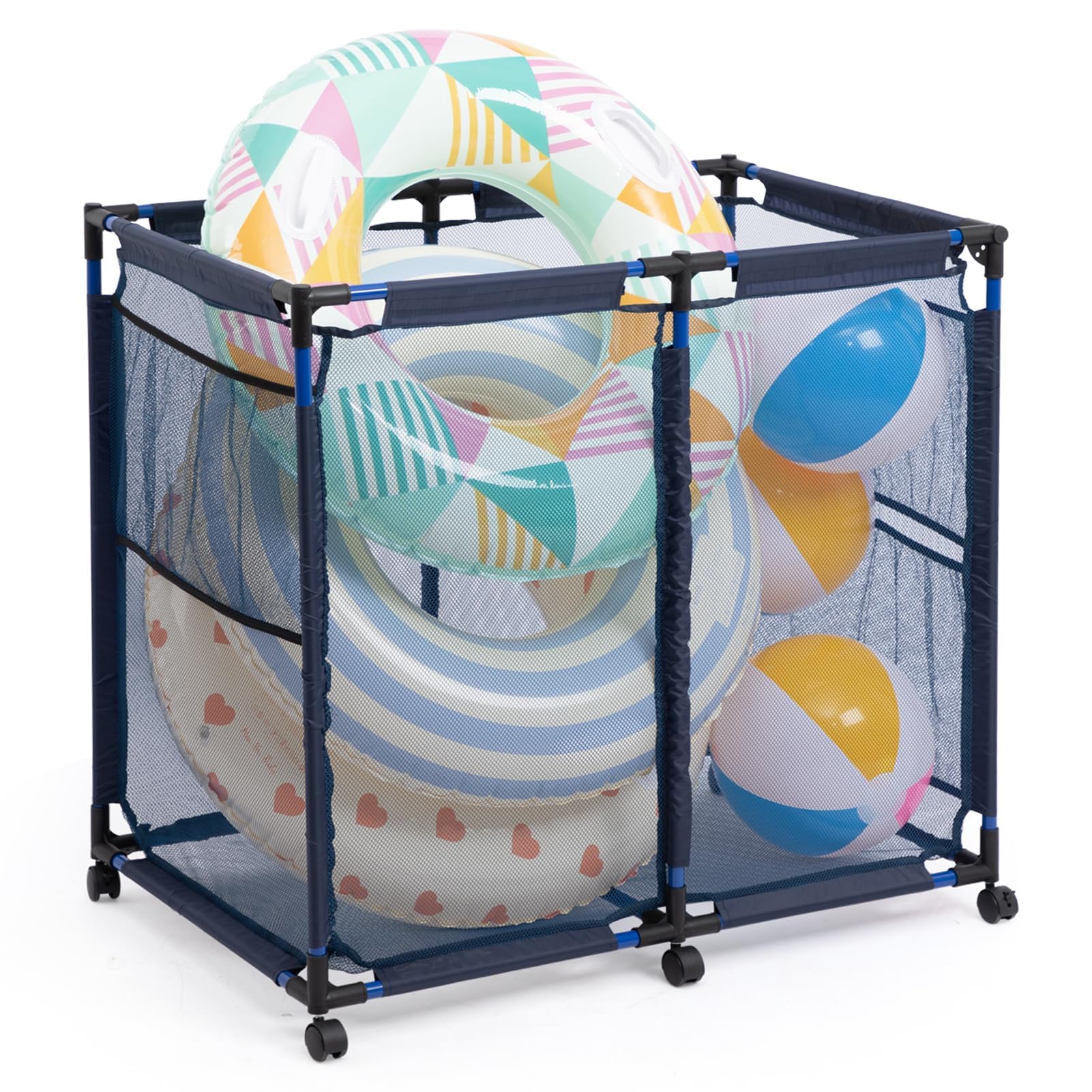 Photo 1 of ALIMORDEN Pool Storage Bin, Rolling Mesh Basket Organizer, Metal Frame Container Holder for Swimming Balls, Floats, Toys and Beach Towels, Blue
