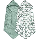 Yoofoss Hooded Baby Towels for Newborn 2 Pack 100% Muslin Organic Cotton Baby Bath Towel with Hood for Babies, Infant, Toddler and Kids, 32x32Inch, Soft and Absorbent Newborn Essential, Green Elephant