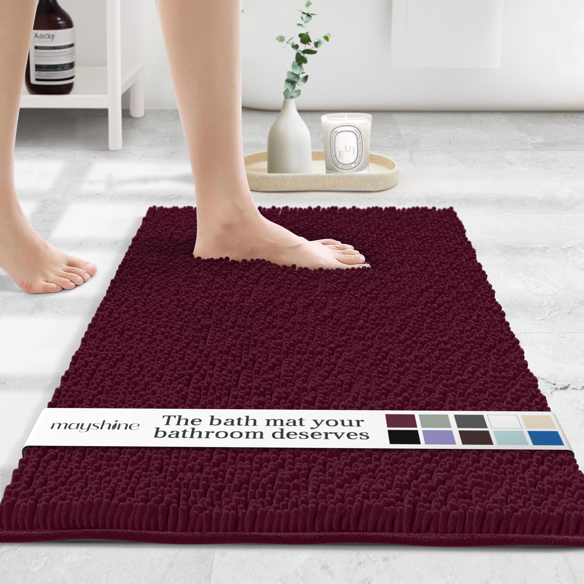 Photo 1 of MAYSHINE Plush Shaggy Chenille Bath Mat | Extra Soft, Super Absorbent, Non-Slip Bathroom Rug | Fluffy Microfiber, Area Rug Sets for Bathroom Floor, Kitchen, Living Room | 24"x17" | Burgundy