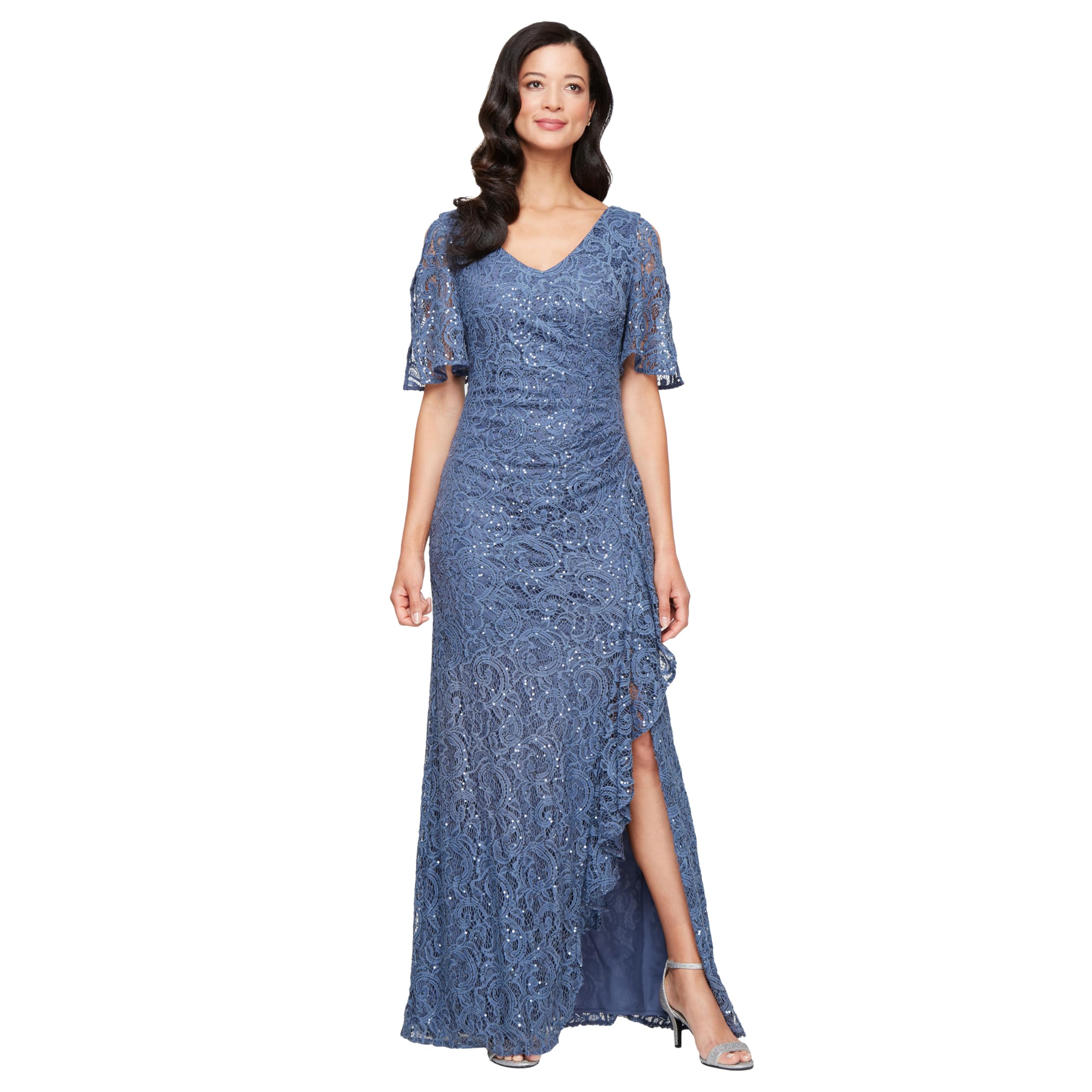 Photo 1 of Alex Evenings Women's Long Stretch Lace and Sequin Mother of The Bride Dress with Cold Shoulder Flutter Sleeves, Wedgewood, 8
