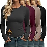 Neer 4 Pack Women's Fleece Thermal Long Sleeve Shirts, Thumb Holes Crew Neck Slim Fit Tops Warm Workout Basic Undershirt