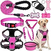 YXFDOYT No Pull Dog Harness Adjustable Collar & Leash Set - Dog Halter Harnesses Collapsible Bowls & Poop Bag Dispenser Muzzle ID Tags Toys Fits Small Medium Large Dogs (Pink-L)