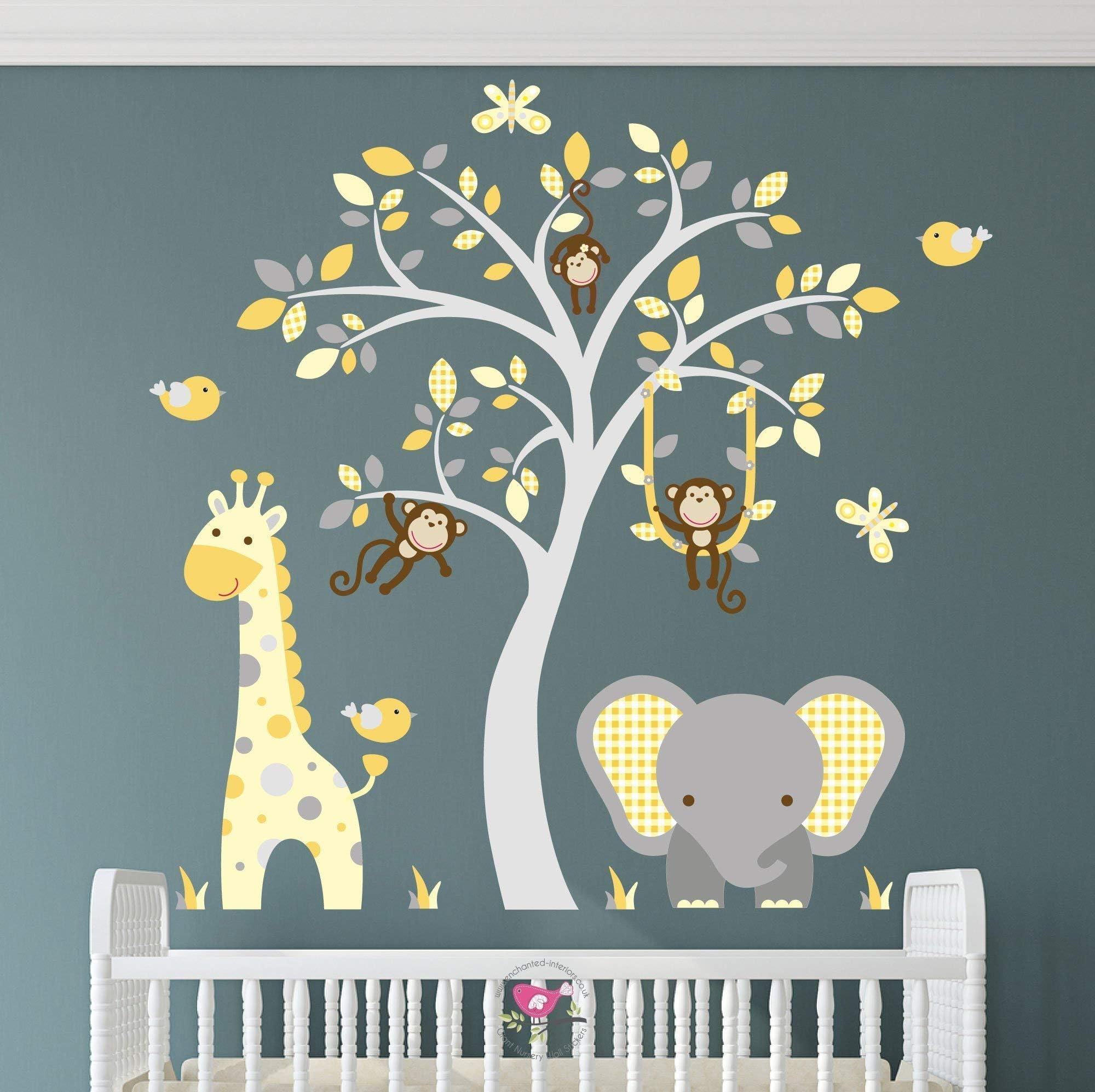 Jungle Wall Stickers featuring Giraffe, Elephant and Monkeys around a Grey Tree Mural. Gender Neutral Safari Nursery Wall Decals