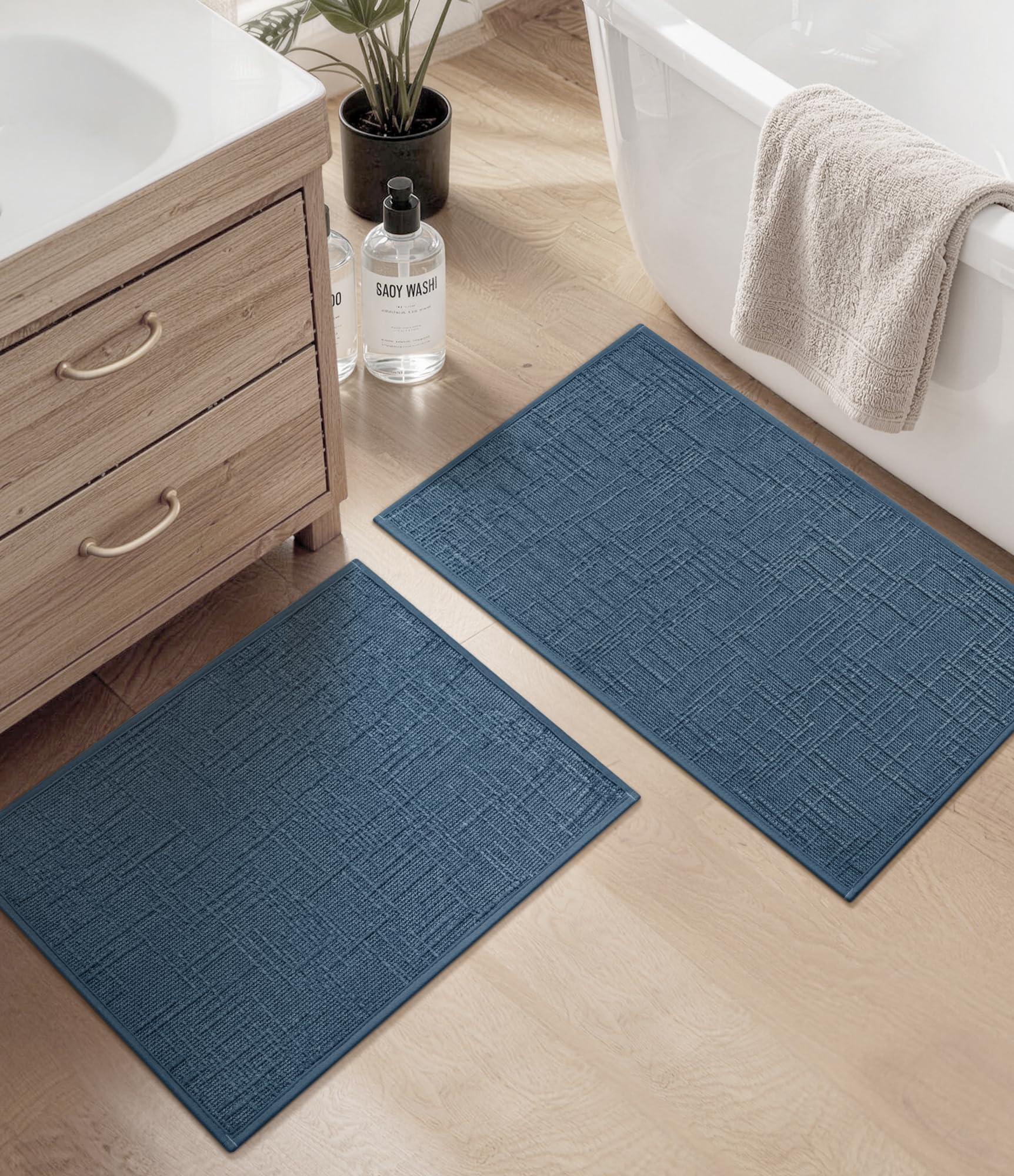 Photo 1 of YIHOUSE Bathroom Rug Set 2 Piece Blue, Non Slip Bath Mats Sets of 2 Quick Dry, Absorbent Washable Thin Bathroom Rugs Fit Under Door for Elder, Sink, Laundry