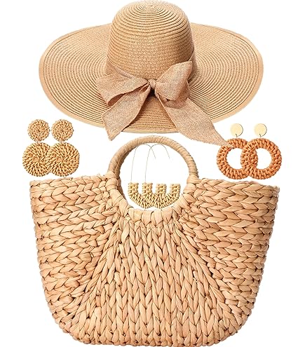 Straw Bag with Rattan Wicker Hat and Tassel Earrings Set Boho Summer Accessories Amazon.com: Glitopper 4 Pcs Straw Bag Woven Bag and Rattan  main image 3