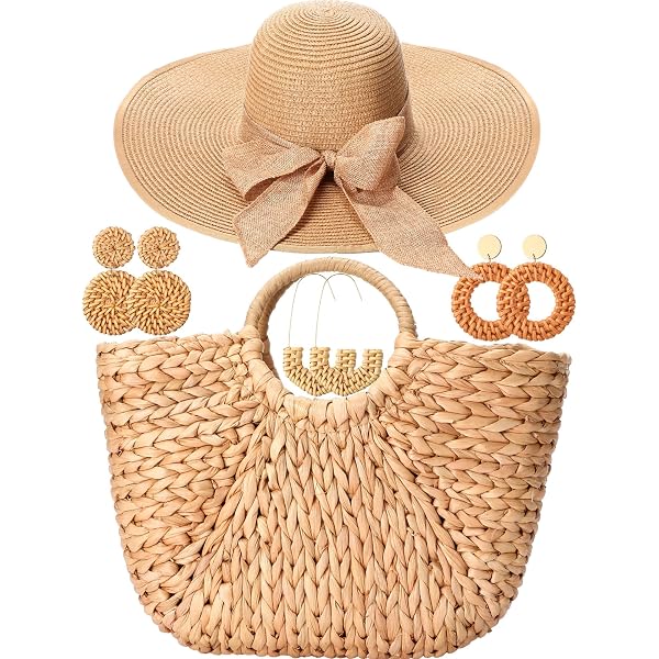 Straw Beach Hat and Woven Tote Set with Scarf Accessories Casuallined 5 Pcs Women Straw Beach Hat Set with Straw Beach  main image 3