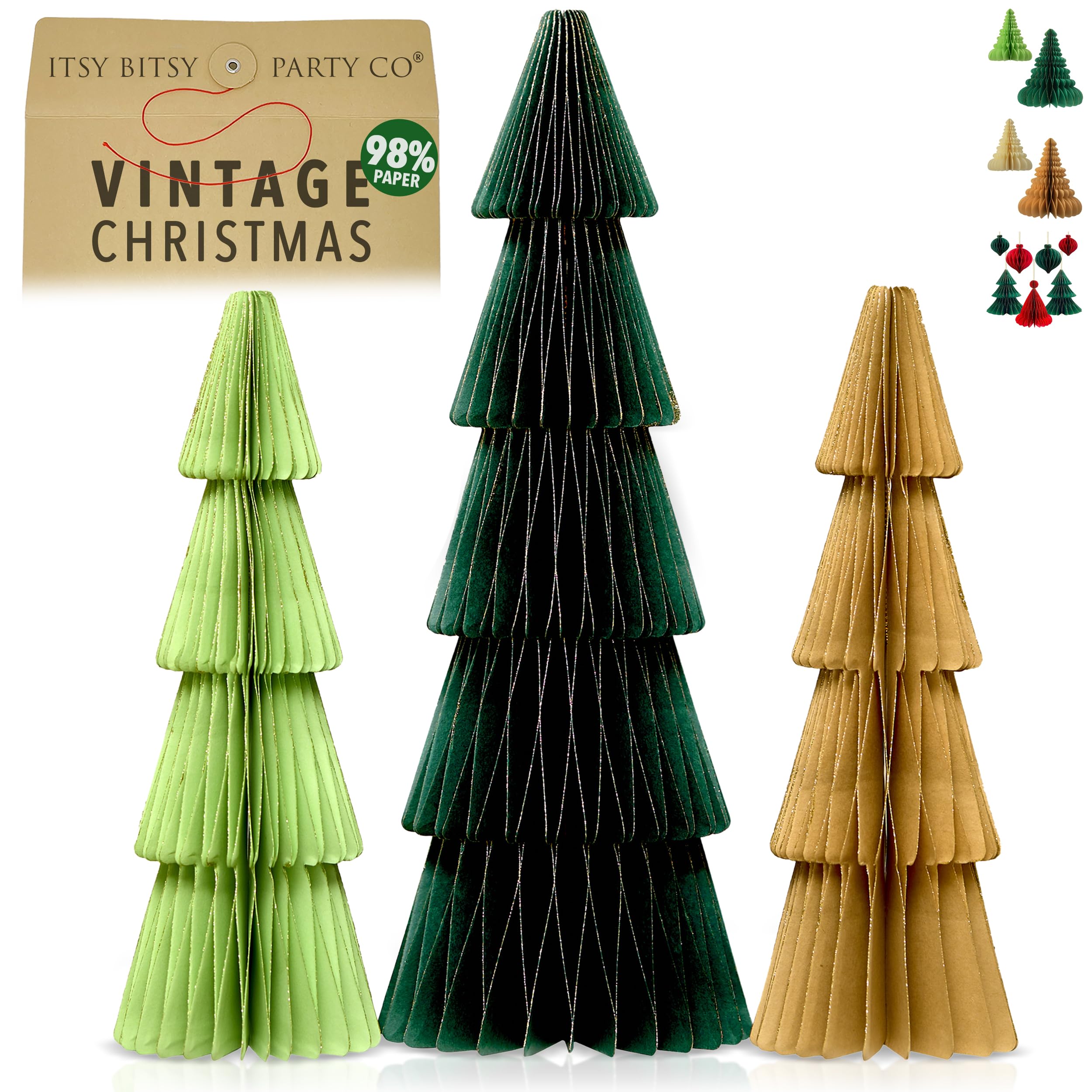 Premium Reusable Christmas Decorations - Table and Home Decor - Paper Indoor and Hanging Xmas Trees (Green, Brown)