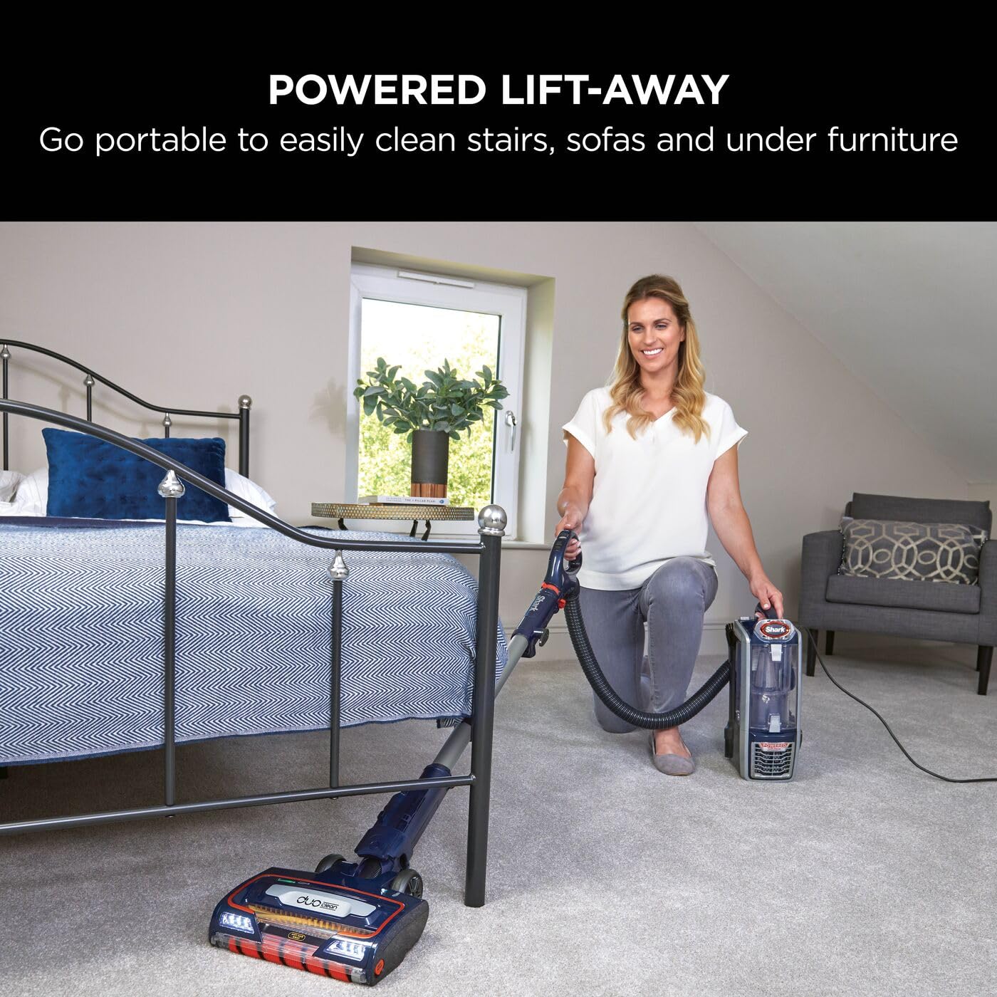 Shark Corded Upright Vacuum Cleaner,0.83L with Anti Hair Wrap Technology & DuoClean, Pet Model, Powered Lift-Away, LED Headlights, Anti-Allergen, 8m Cord, 750W, 3 Attachments, Navy, Orange, NZ801UKT