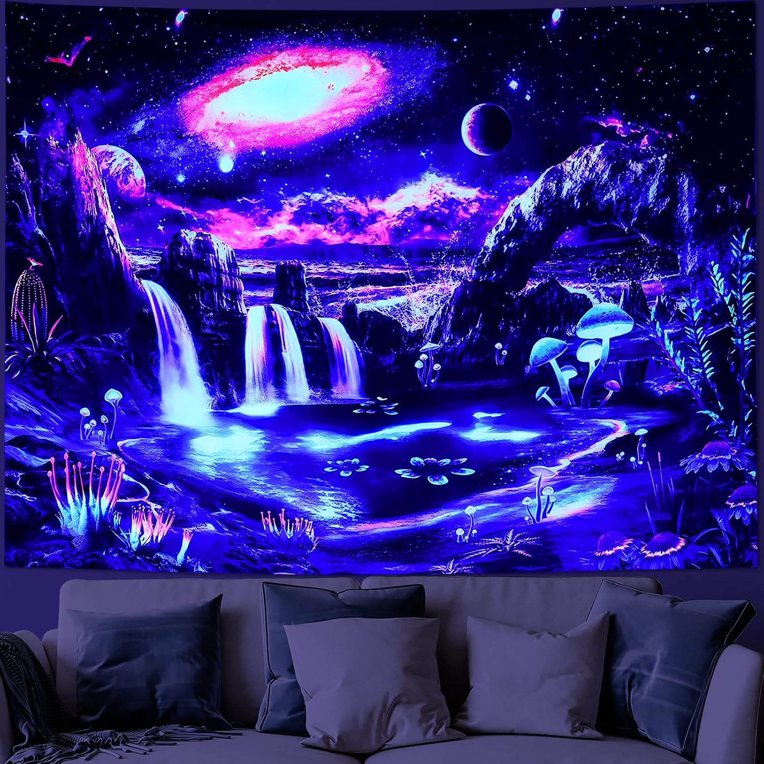 Tapestries - MitoGadget Blacklight Galaxy Space Tapestry for Bedroom Aesthetic, Trippy Tapestry UV Reactive Mountain Landscape Tapestry Plants Tapestries Wall Hanging Decor, 59.1ʺ x 51.2ʺ