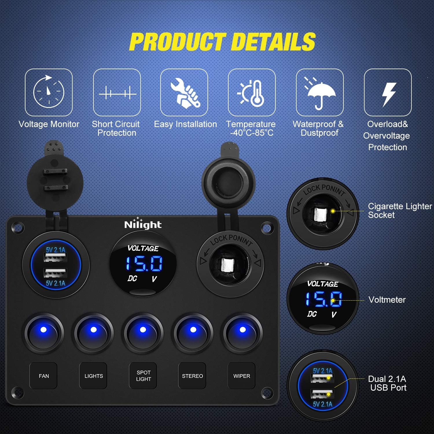 Nilight 90101E 5Gang Multi-Function 5 Gang Rocker Dual USB Charger + Digital Volmeter +12V Outlet Pre-Wired Switch Panel with Circuit Breakers for RV Car Boat Truck Trailer,2 Years Warranty: Automotive