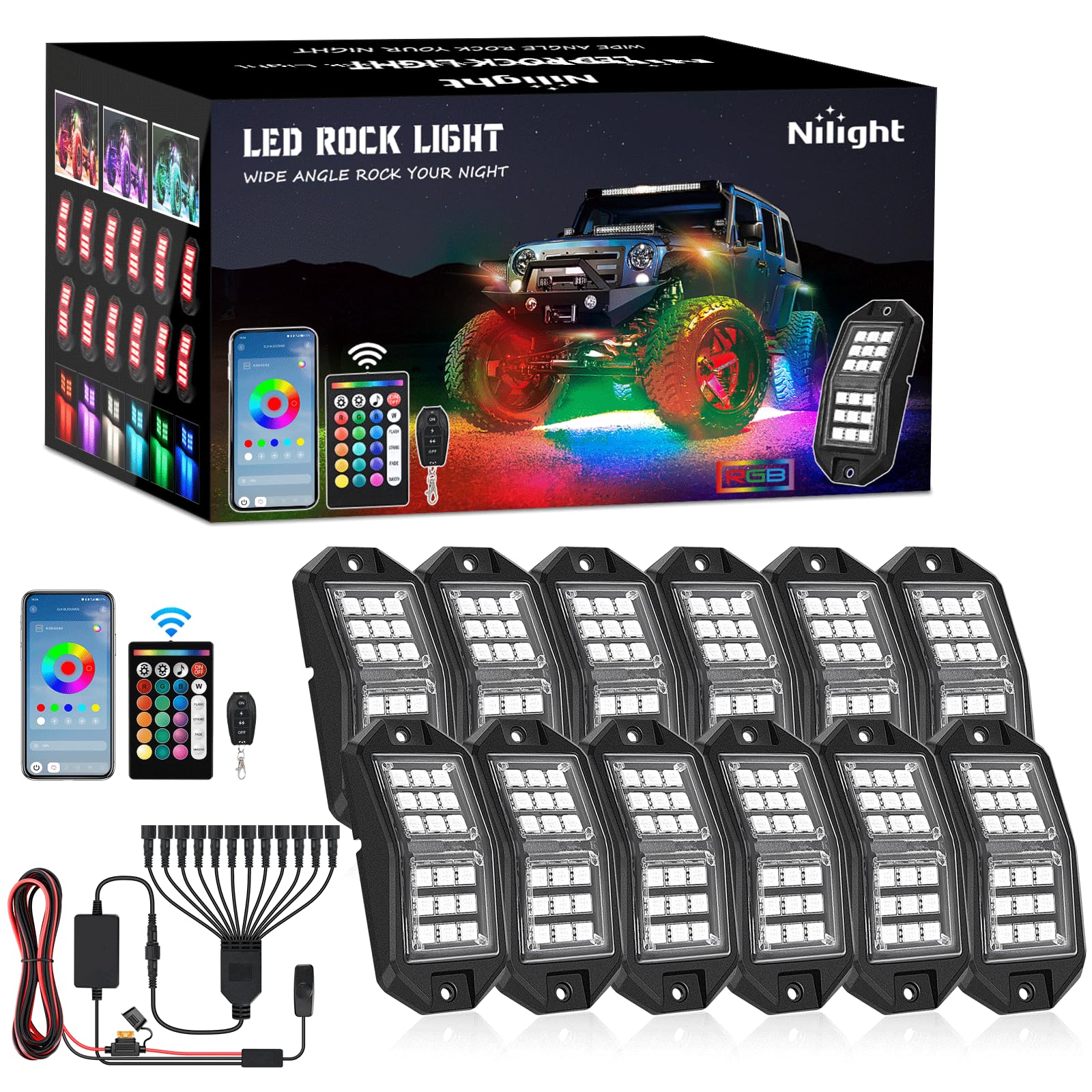 Photo 1 of ***MISSING 2***Nilight RGB LED Rock Lights Kit 12 PCS 18LED Wide Angle Wheel Well Light with Remote & Bluetooth App Dual Control Multi Modes Underglow Multicolor Neon Pod for ATV UTV SUV Offroad Truck RZR Boat