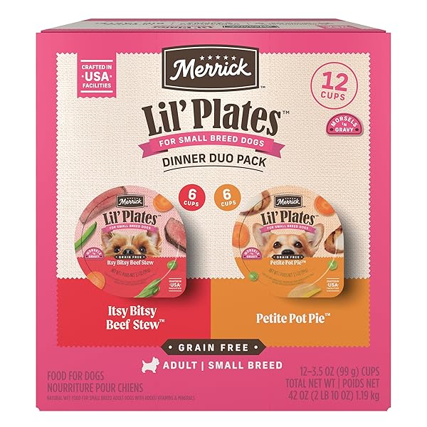 MERRICK LIL’ PLATES GRAIN FREE DINNER DUOS SOFT NATURAL WET SMALL DOG FOOD VARIETY PACK, BEEF AND CHICKEN – (PACK OF 12) 3.5 LB. TUBS