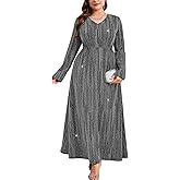 ZOMVA Plus Size Sparkly Formal Dress A-Line V-Neck Long Sleeve Glitter Maxi Gown Wedding Guest Cocktail Evening Party