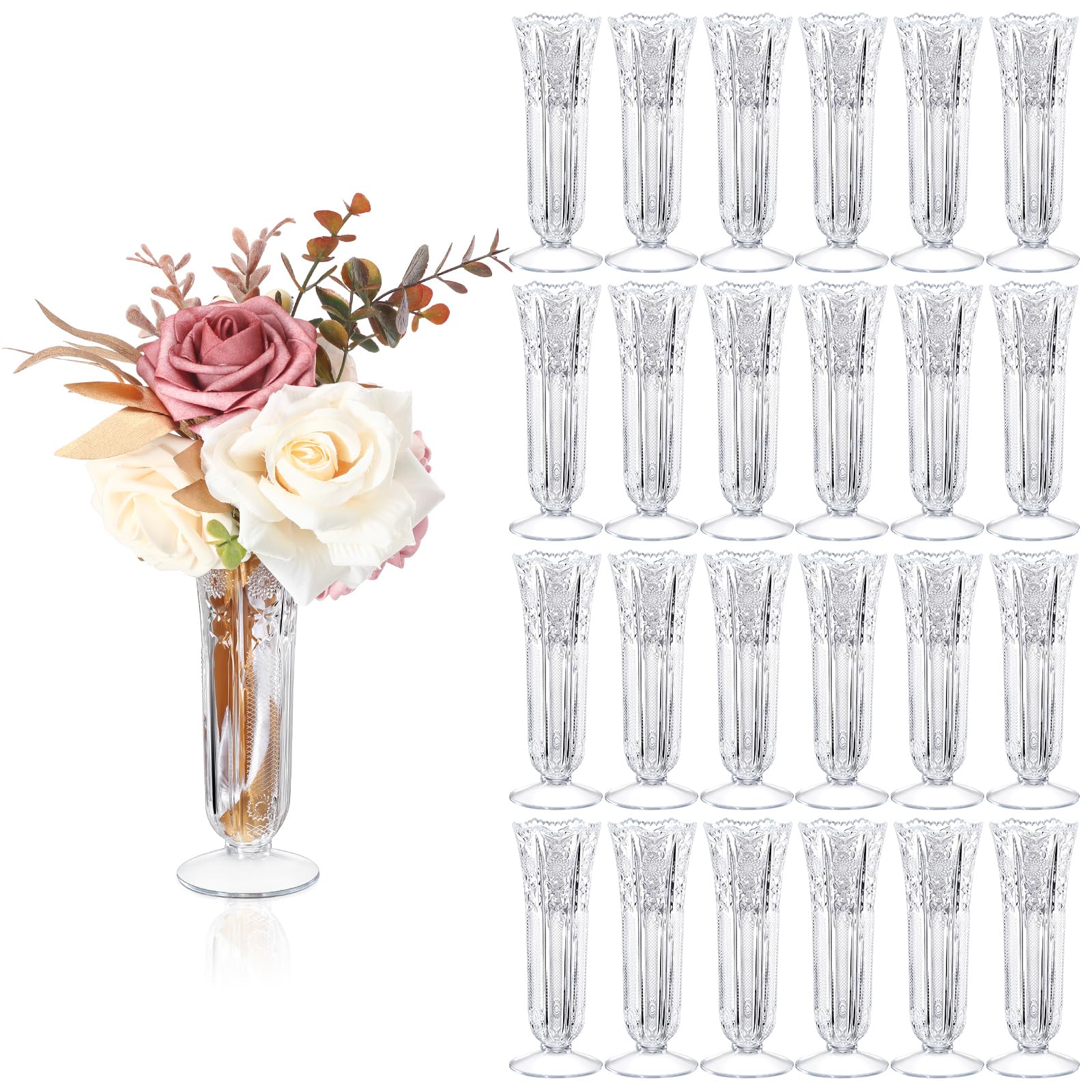 Photo 1 of Eaasty 24 Pcs Small Plastic Vases for Flowers, 6 Inch Mini Clear Crystal Vases for Wedding Home Office Table Centerpiece Decorations