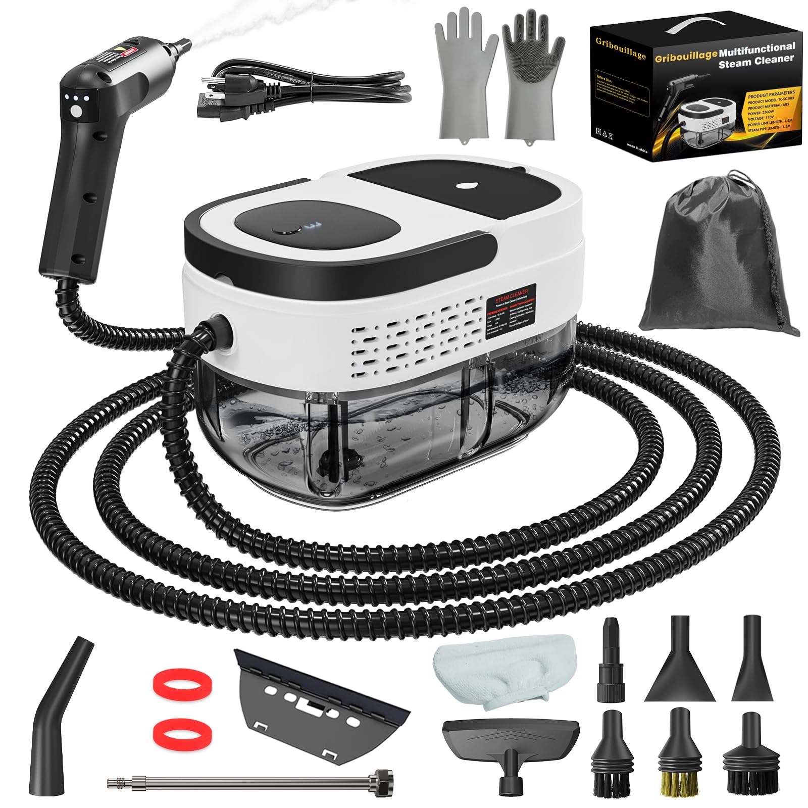 Photo 1 of Handheld Steam Cleaner for Home, 2500W High Temperature Pressurized Machine, 1.6L Water Tank, Handle-controlled Steam Output, Portable Cleaning Steamer for Car, Bed Bugs, Furniture, Grout (White)
