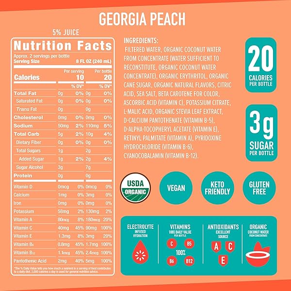 ROAR ORGANIC ELECTROLYTE INFUSIONS – USDA ORGANIC – GEORGIA PEACH – WITH ANTIOXIDANTS, B VITAMINS, LOW-CALORIE, LOW-SUGAR, LOW-CARB, COCONUT WATER INFUSED BEVERAGE 18 FL OZ (PACK OF 12)