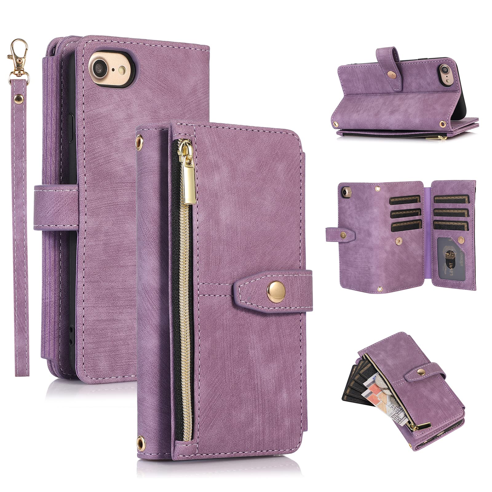 UEEBAI Case for iPhone 7/8/SE 2022 5G/SE 2020, 9 Card Slots Retro Leather Wallet Shockproof Flip Cover with Hand Strap Card Slots Zipper Pocket Kickstand Magnetic - Vintage Purple