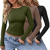 Locoowai 3 Pack Women's Long Sleeve Shirts Crewneck Going Out Basic Tops Tight Slim Fit Side Ruched Crop Tees Y2k Outfits