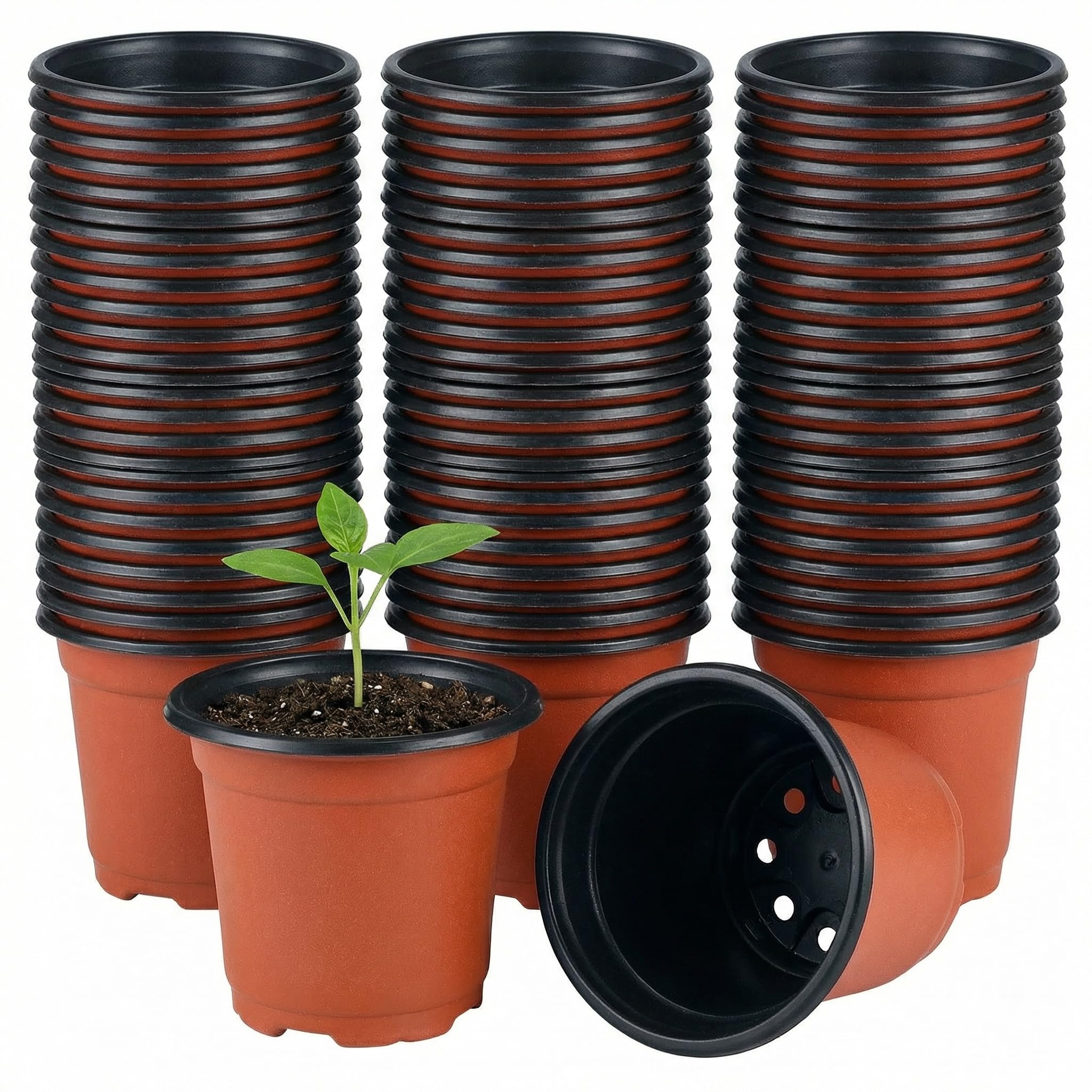 Yardwe 100 Pack Plastic Plant Pots 9cm, Small Nursery Seedling Flower Pot with Drainage Holes, Stackable Soft Container for Cuttings, Succulents, Herbs & Vegetable Propagation, Indoor Safe