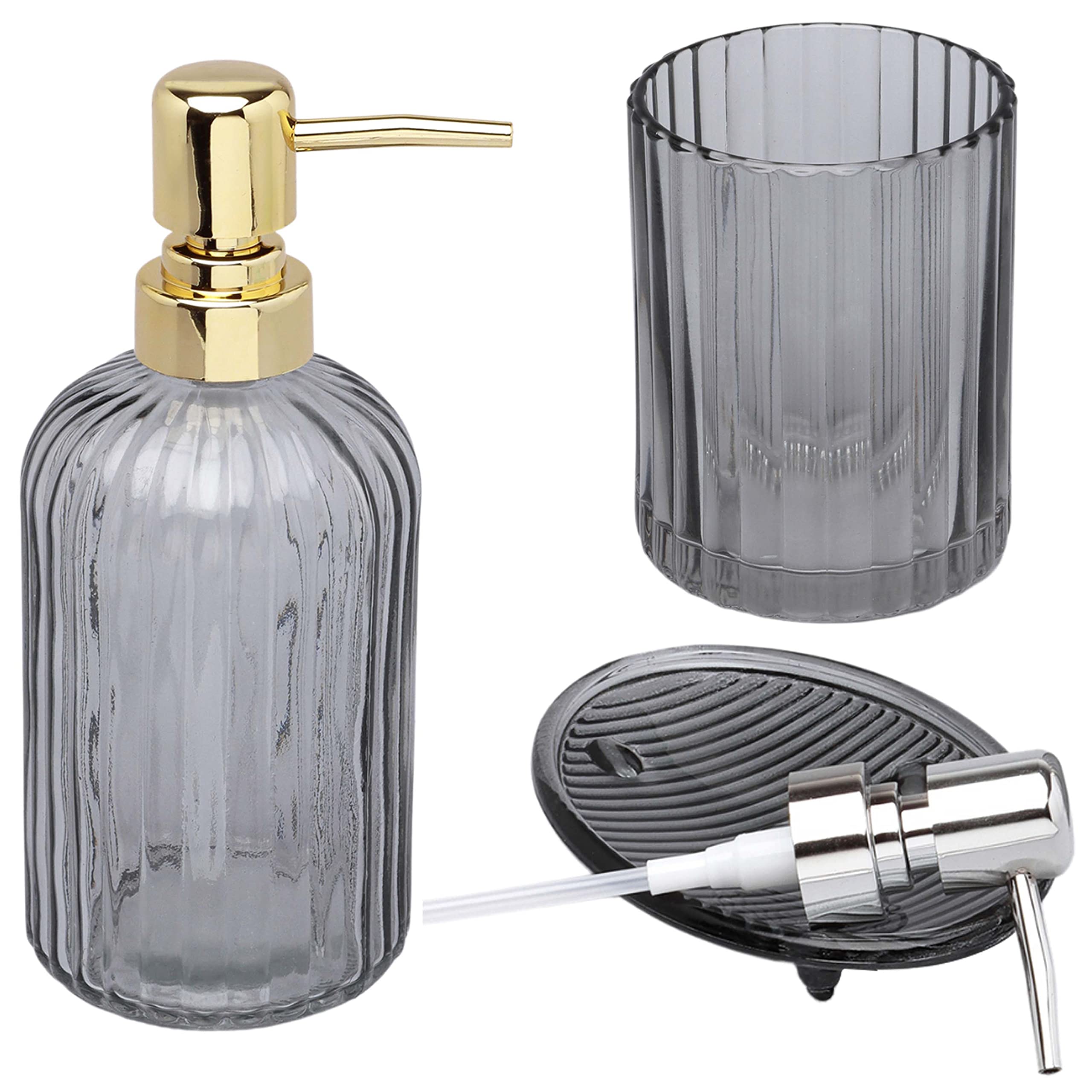 G Decor Designer 3-Piece Smoky Grey Modern Transparent Pressed Glass Bathroom Accessory Set, Includes Liquid Soap or Lotion Dispenser, Toothbrush Holder, Soap Dish