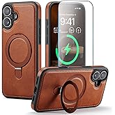 CHEEWADA for iPhone 17 Case with Stand, Compatible with MagSafe, Slim PU Leather & Durable TPU Drop-Proof Protective Magnetic Kickstand Phone Cases with Tempered Glass Screen Protector 6.3", Brown