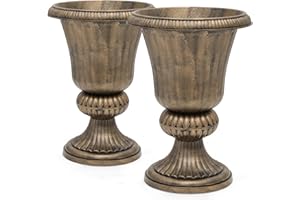 Magshion 20" Urn Planters for Outdoor Plants, Large Decorative Front Porch Planters Set of 2, Weatherproof Tall Plastic Flower Pots for Garden, Patio & Entryway Décor, Antique Brass