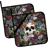 Skulls and Flowers Pot Holders 2 PCS,Kitchen Heat Resistant Hot Pads for Cooking Grilling Baking BBQ, Pot Holders for Women Cook Home Microwave