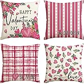 AVOIN colorlife Happy Valentine's Day Heart Pink Flowers Throw Pillow Covers, 18 x 18 Inch Love Forever Be Mine Plaid Stripes Anniversary Wedding Cushion Case Decoration for Sofa Set of 4