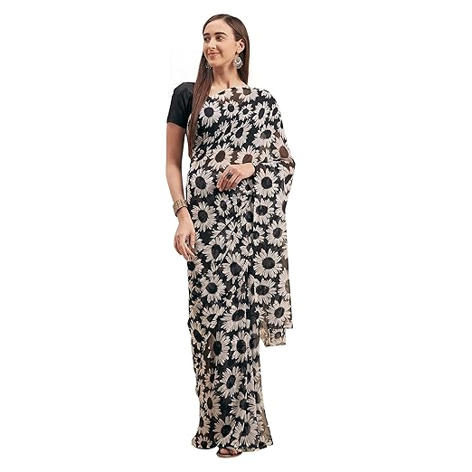 Womanista Georgette with Blouse Piece Saree (TI1262_Black & White_OneSize)