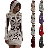 Women Halloween Skeleton Bones with Rose Art Cozy Knit Hooded Sweater Dress | Womens Long Sleeve Gothic Floral Skeleton Hoodie Dress Vintage Holloween Club Mini Bodycon Dresses Slim Fit Bride Costume