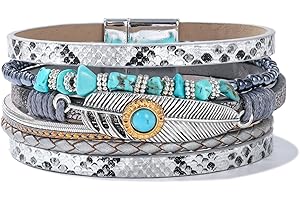 FANCY SHINY Turquoise Boho Bracelets - 5 Strand Leather Wrap with Stone Seed Beads & Feather Charm | Magnetic Clasp | Stackable Western Jewelry for Women