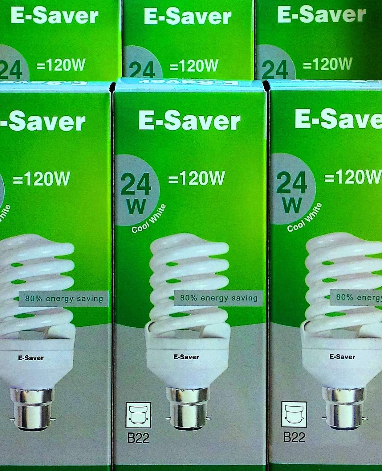 E-SaverCFL Full Spiral - Energy Saving Light Bulbs - 24w = 120 Watt - (Pack of 6) - 4200k Cool White Light Bulbs - Bayonet Light Bulb (BC- B22- B22d)