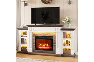 NAICE 72" Electric Fireplace with Mantel and Cabinets, Fireplace TV Stand for Living Room Bedroom, LED Light, Stacked Stone Surround and Remote Control 3D Realistic Flame