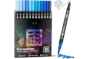 Blue Duo Tip Marker Pens, 12 Pack Fine & Brush Markers for Adult Coloring Books No Bleeding, Ocean Blue Markers for Sky & Sea