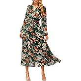 Simplee Women's Floral Boho Long Sleeve Maxi Dress V Neck Empire Waist Swing Flowy Wedding Guest Dress