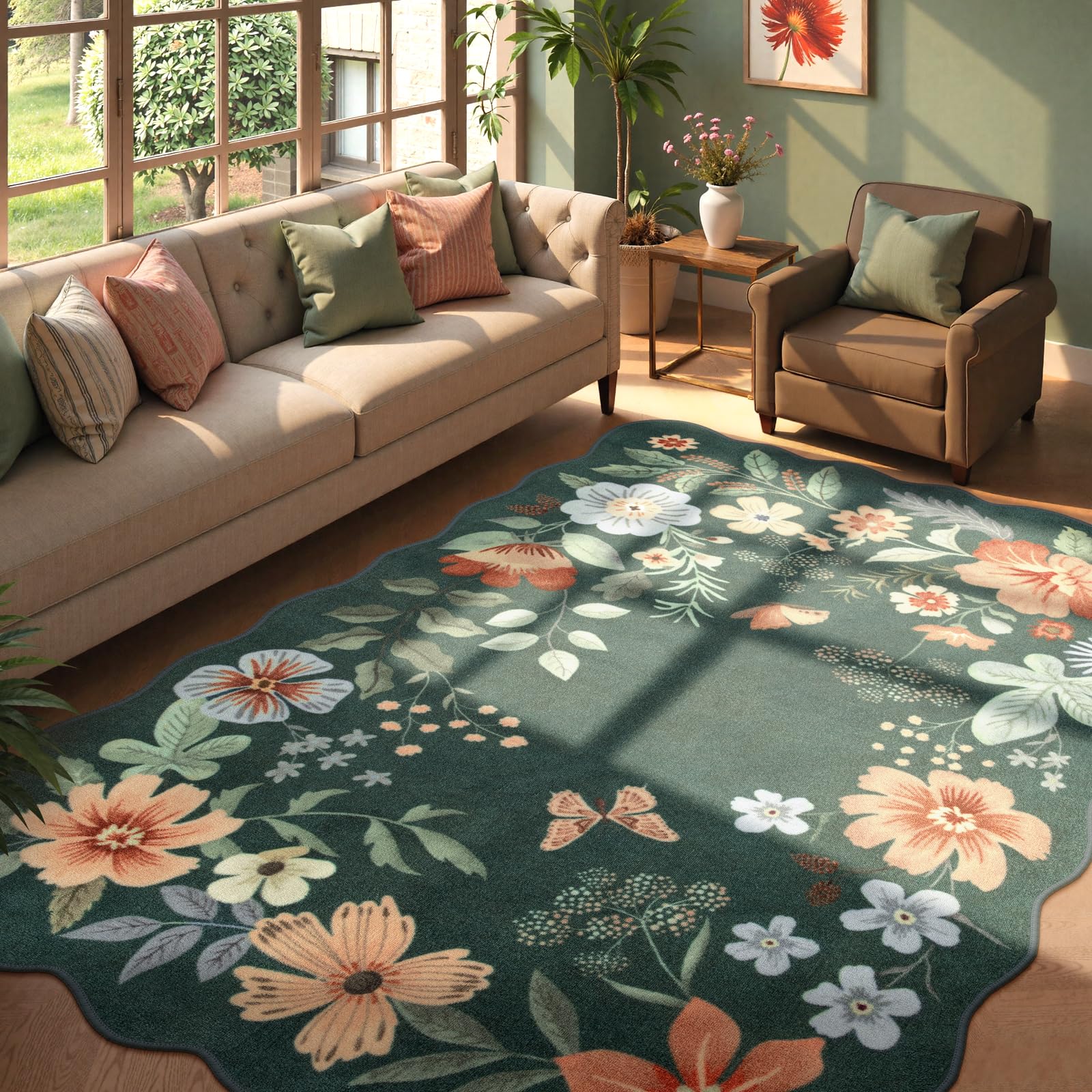 Photo 1 of Lahome Floral Washable 6x9 Area Rugs, Soft Bedroom Rug for Living Room Ultra-Thin Non Slip Dining Room Rug, Stain Resistant Boho Rugs Easy Clean Throw Carpet for Office(6'x9',Dark Green)