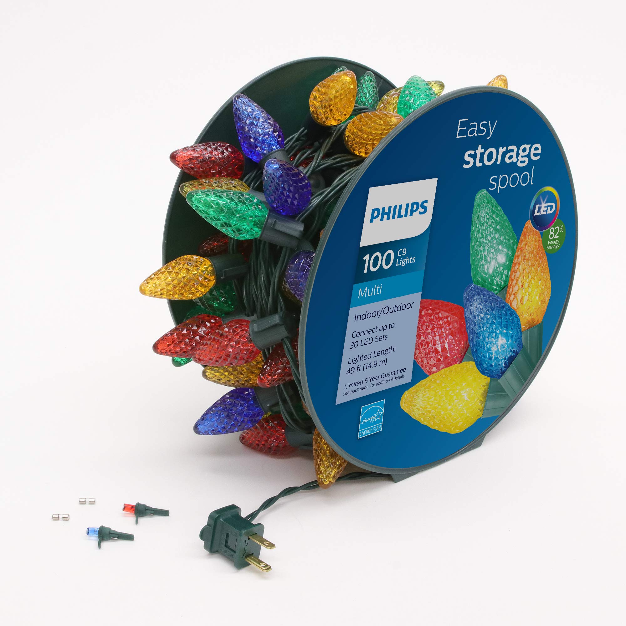 Photo 1 of Philips 100 LED Multicolor Faceted C9 Christmas Lights on Green Wire with Storage Spool - UL Listed for Indoor/Outdoor Use - 51.33' Total Length with 6" Bulb Spacing - String Lights for Christmas Tree