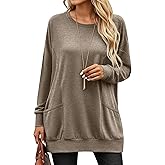 Velvelhall Women’s Long Sleeve Tunic Tops, Casual Cotton Oversized Crew Neck Sweatshirt Loose T Shirts with Pockets