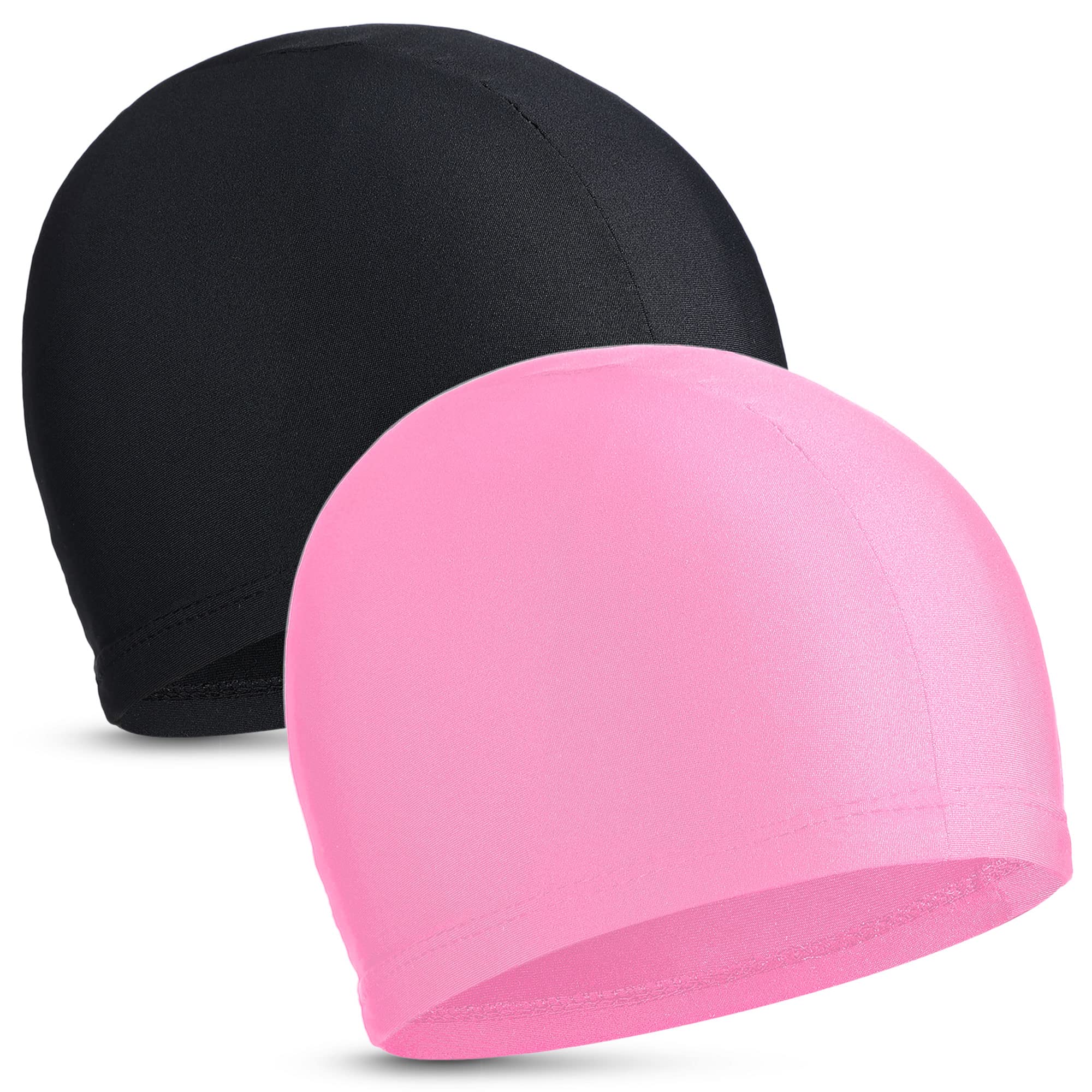 2 Pieces Fabric Swimming Cap Comfortable Elastic Material Swimming Hat Lightweight Bathing Caps for Women Men(Black, Light Pink)