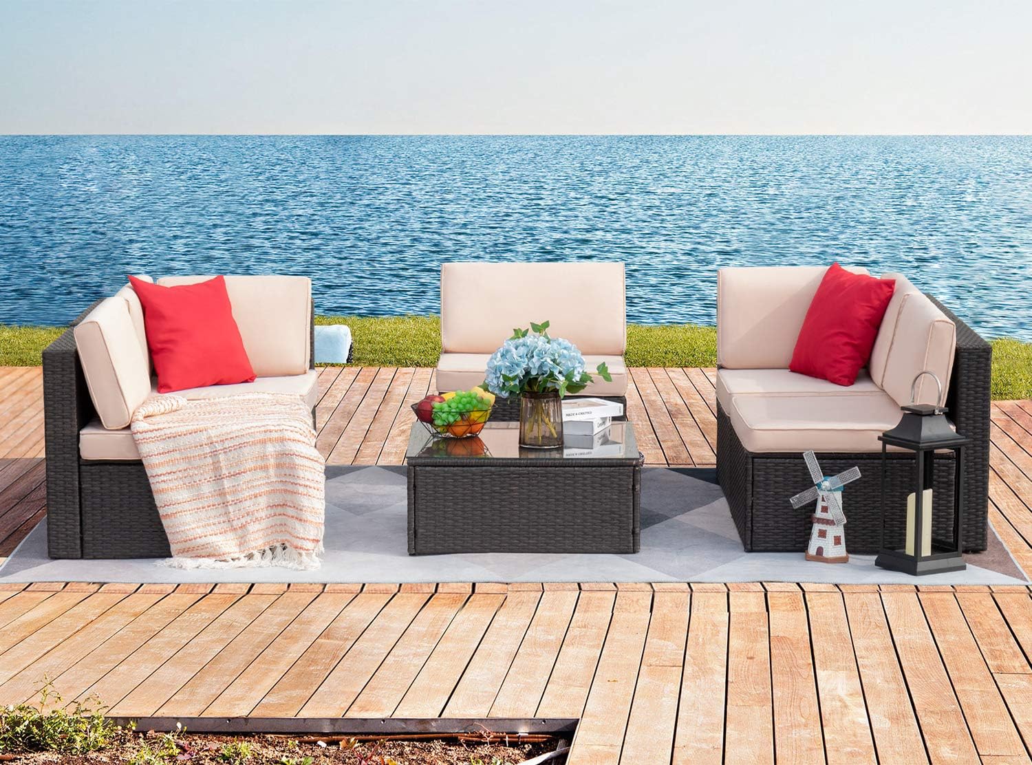 Devoko Patio Furniture Sets 6 Pieces Outdoor Sectional Rattan Sofa All-Weather Manual Weaving Wicker Patio Conversation Set with Glass Table and Cushion (Beige): Garden & Outdoor