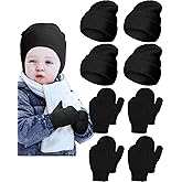Vicenpal 4 Sets Kids Winter Beanies with Gloves Knitted Beanie Hats Toddler Cap Gloves Set Cuffed Skull Cap for Boys Girls