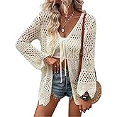 SISKIN Women's Swimsuit Coverup Cardigan Sweaters Lightweight Crochet Cotton Boho Tie Front Summer Tops Hollow Out