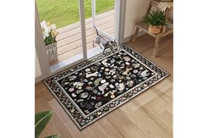 Rugcomf Door Mat Indoor Entrance 2x3 Rug Machine Washable Boho Floral Animal Cat Small Area Rug Non-Slip Low Pile Throw Rugs for Entryway Kitchen Front Door Indoor Entrance Entry Kids Room, Black