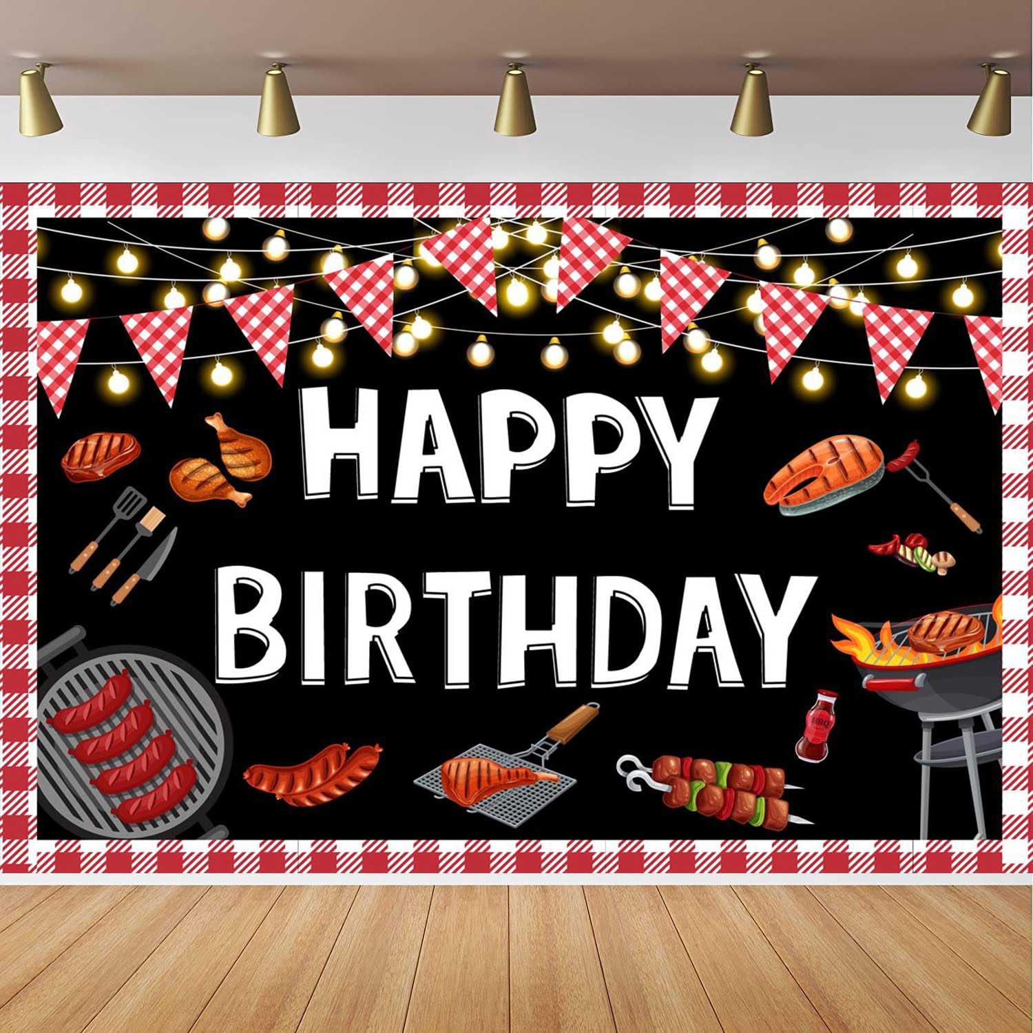Photo 1 of CapiSco BBQ Happy Birthday Backdrop for BBQ Birthday Party Decorations, Red Gingham Picnic Birthday Photography Background, BBQ Birthday Baby Shower Barbecue Party Supplies Banner 7x5ft